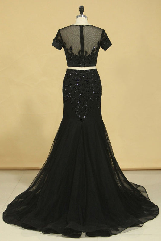 Black Two Pieces Scoop Short Sleeves Mermaid Prom Dresses With Beading Tulle