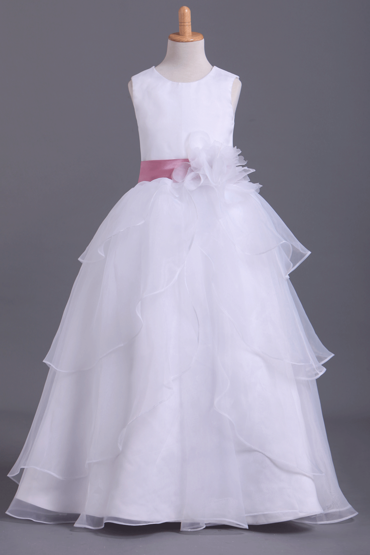 White Flower Girl Dresses Ball Gown Scoop Floor Length Organza