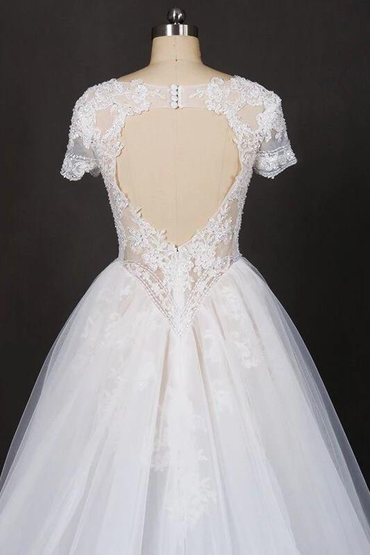 A-line Short Sleeves Beads V Neck Lace Applique Wedding Dresses, Bridal Dress SJS15051