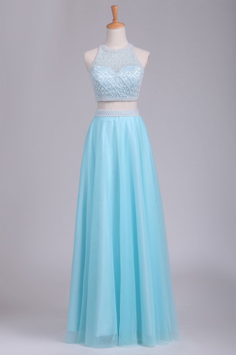 Two Pieces Scoop Prom Dresses A Line Tulle With Beads Floor Length