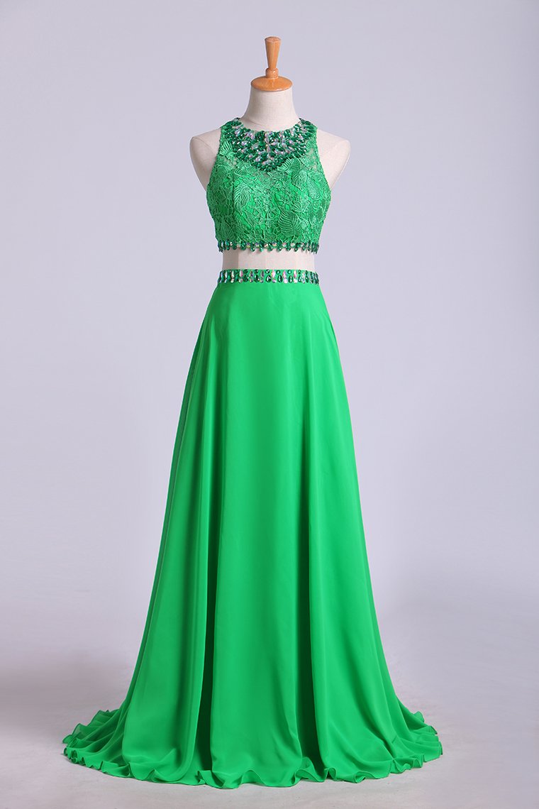 Two Pieces Scoop A Line Prom Dresses Backless Sweep Train With Beading