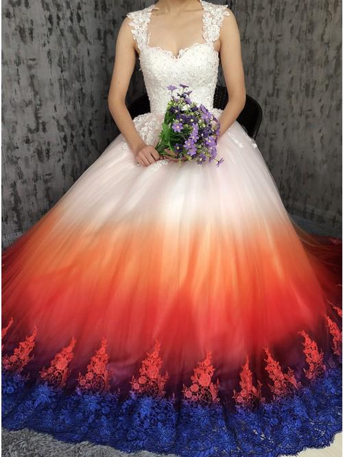 Princess Sweetheart Lace Appliques Ombre Tulle Long Prom Dresses Wedding Dresses SJS15309