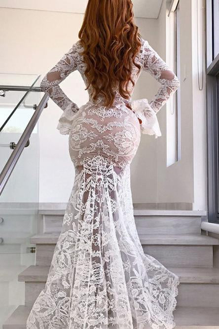 Long Sleeves Mermaid Lace V Neck Wedding Dresses with Slit, Wedding SJS20423