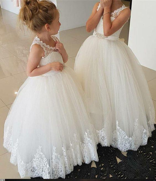 Princess Ivory Flower Girl Dresses with Lace Appliques, Cute Little Girl Dress SJS15590