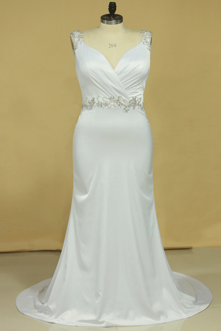 Plus Size Wedding Dresses A Line V Neck Open Back With Beading Stretch Satin