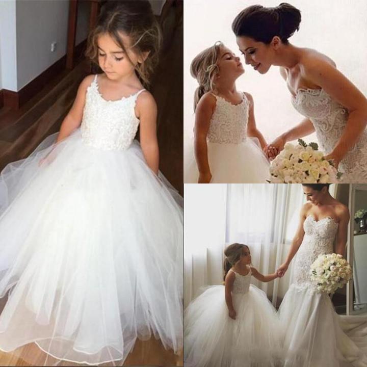 A Line Spaghetti Straps Lace Top Ivory Tulle Flower Girl Dresses For Wedding Party JS773