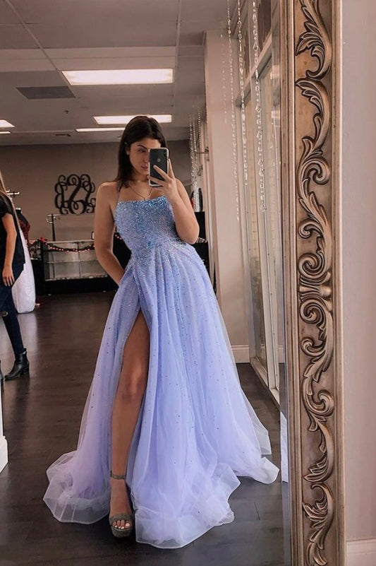 Beaded Long Tulle Formal Evening Dresses With Slit A Line Prom Dresses