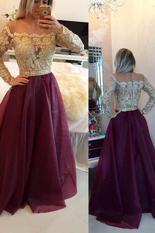 Burgundy Princess Lace Bodice Long Sleeves A-Line Organza Dark Red Evening Dresses JS14