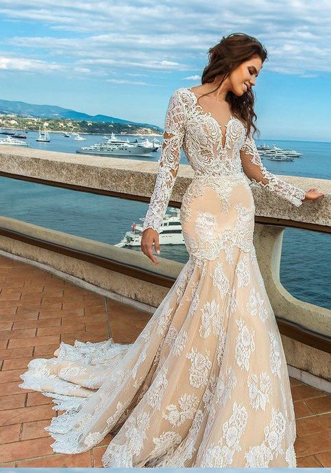 2024 White Lace Mermaid Deep V-Neck Backless Long Sleeve Wedding Dresses JS835