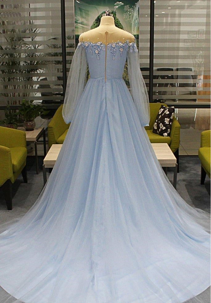 Long Sleeve Tulle Prom Dresses with High Split Beaded Crystal Fashion Evening Dresses