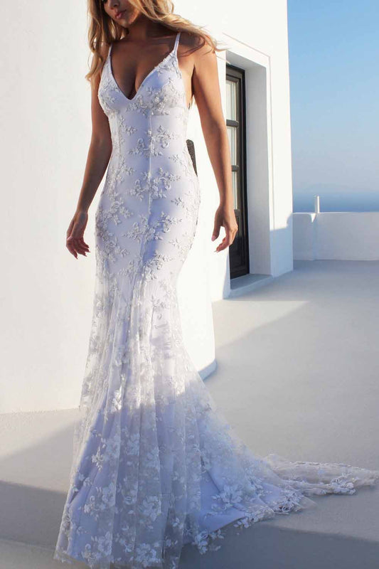 Sexy Backless Off White Mermaid Lace V Neck Wedding Dresses, Long Prom Dresses PW353