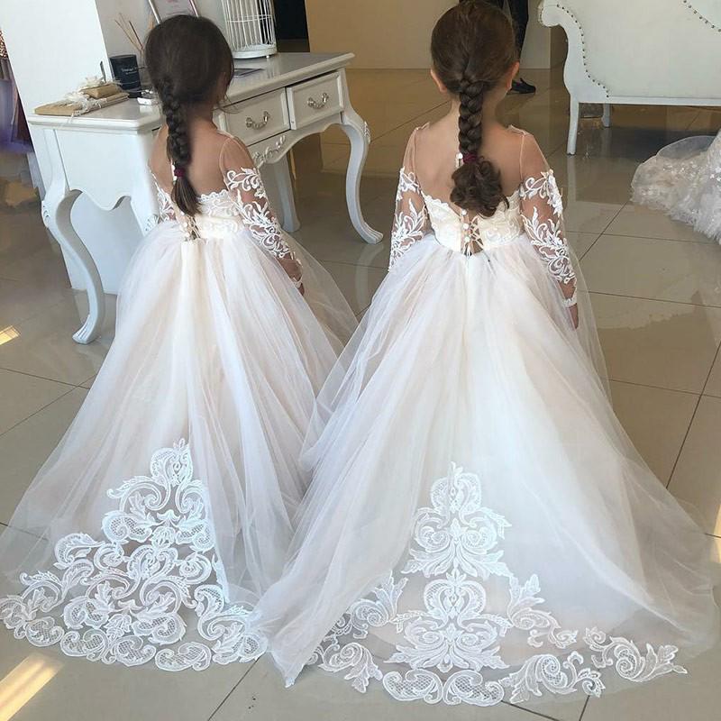 Princess A-Line Round Neck Tulle Long Sleeves Bowknot Flower Girl Dress with Appliques JS797