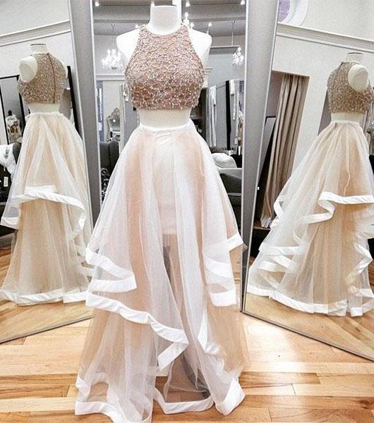 Sexy A-line Scoop Neck Tulle Beading Two Piece Halter Sleeveless Pink Prom Dresses JS635