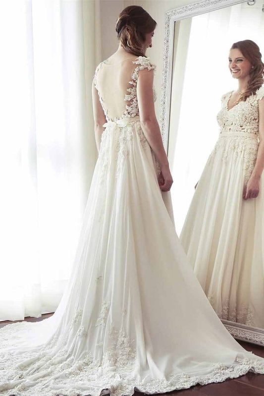 A-Line V-Neck Chiffon with Lace Appliqued Cap Sleeves Ivory Chapel Train Wedding Dresses JS883