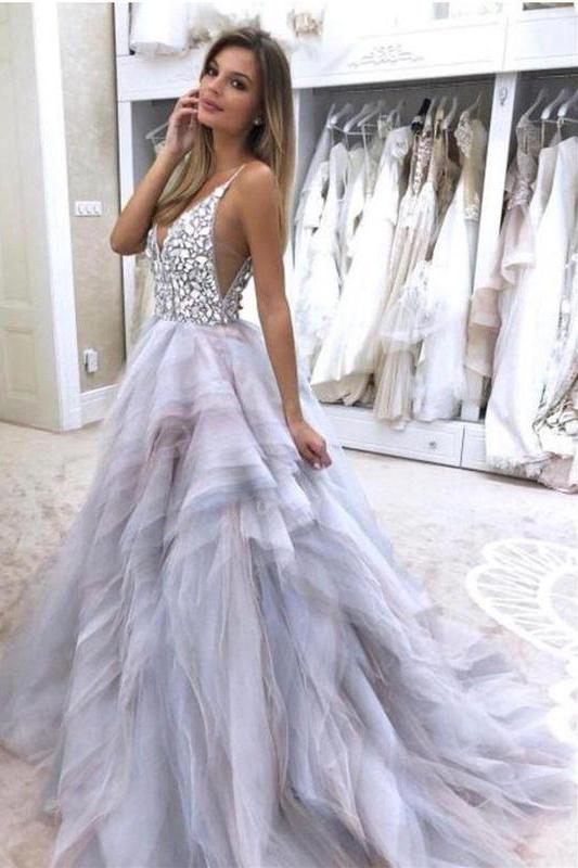 A Line Spaghetti Straps V Neck Silver Tulle Long Wedding Dresses with Rhinestones PW281