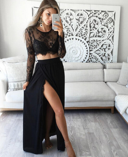 Black Long Sleeves Sexy Slit Two-piece Cheap A-line High Neck Lace Chiffon Prom Dresses JS868