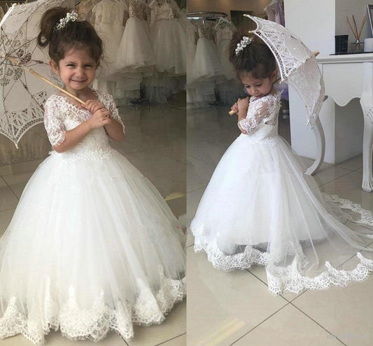 White Lace Appliques A Line Little Girls Dresses Half Sleeves V Neck Flower Girl Dresses JS547