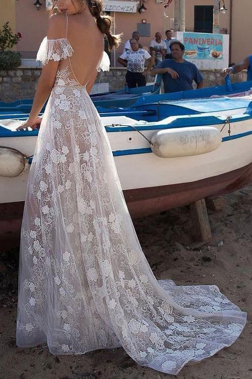 A-Line Unique White Spaghetti Straps Lace V-neck Long Off-the-Shoulder Wedding Dress