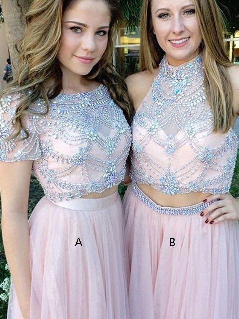 Tulle Scoop Neck A-line Floor-length with Beading Two Piece Short Sleeve Prom Dresses JS631