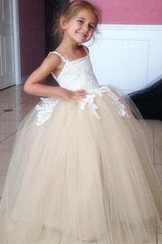 Tulle Applique Spaghetti Straps Backless Flower Girl Dresses Lovely