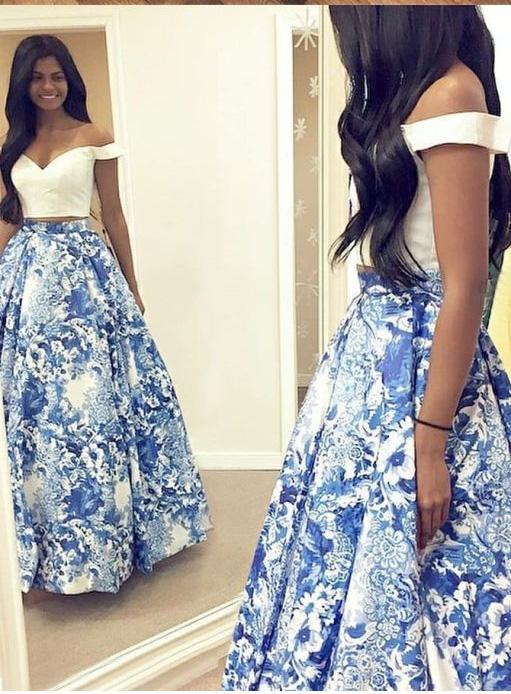 A Line Two Pieces Floral Off the Shoulder V Neck White Long Floor Length Prom Dresses JS771