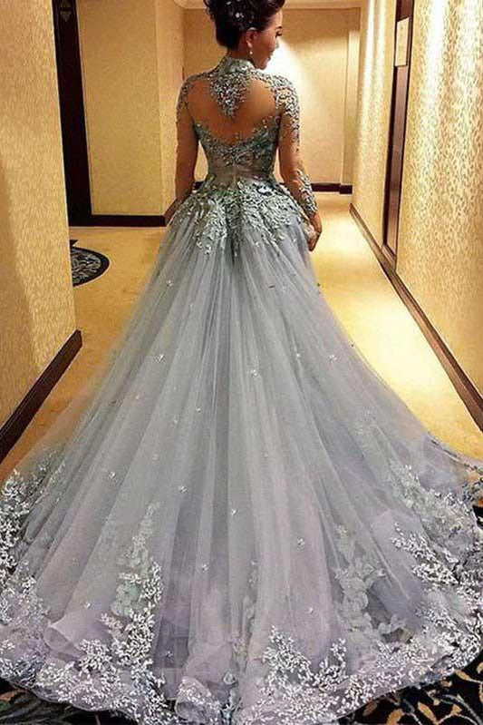 Gorgeous Ball Gown Princess Long Sleeves Tulle Gray Long Prom Dresses JS113