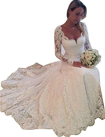 A-Line Lace Appliques V Neck Tulle Long Sleeve Ivory Covered Buttons Wedding Dresses JS327