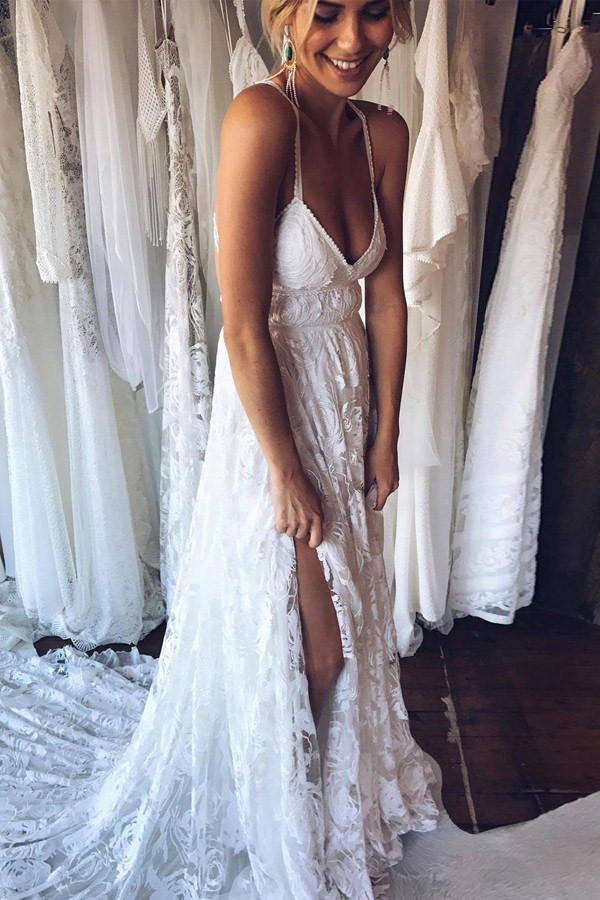 A-Line V-Neck Criss-Cross Straps Backless Court Train Lace Slit Beach Wedding Dress JS356