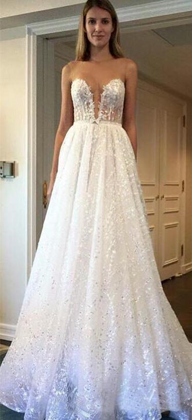 A Line Scoop Sleeve Ivory Sequins Sweep Train Wedding Dresses Wedding Gowns JS984