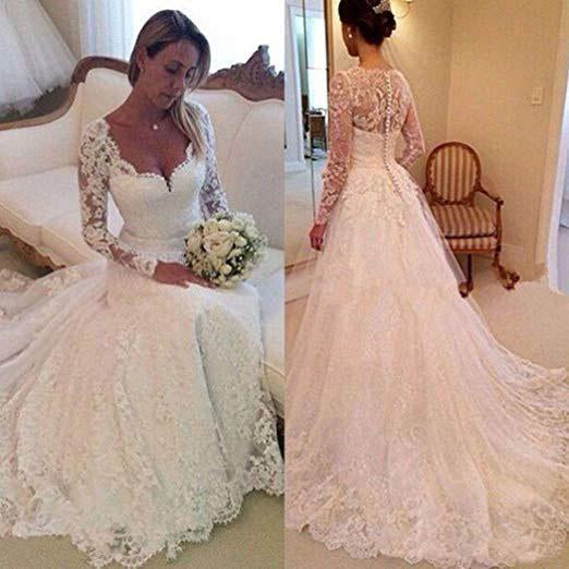 A-Line Lace Appliques V Neck Tulle Long Sleeve Ivory Covered Buttons Wedding Dresses JS327