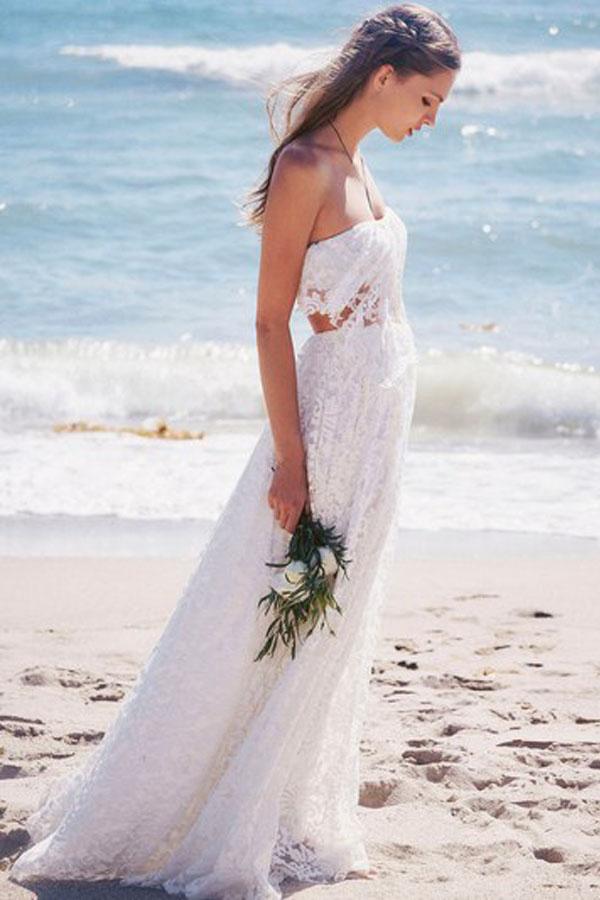 A-Line White Sweetheart Strapless Lace Long Beach Open Back Wedding Dresses JS268