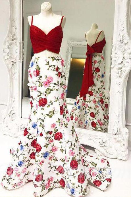 Elegant Two Pieces Mermaid Red Floral Bowknot Sweetheart Spaghetti Straps Prom Dresses JS267