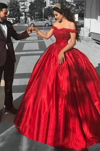 Ball Gown Off the Shoulder Red Satin Lace up Quinceanera Dresses with Appliques JS101