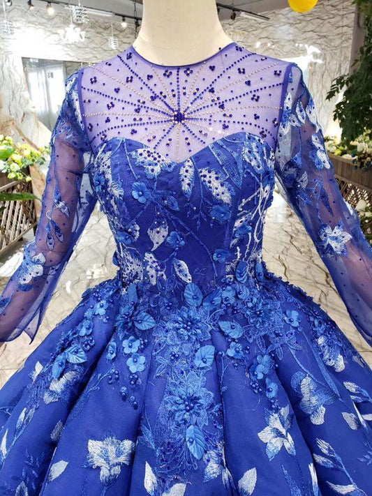 Ball Gown Blue Round Neck Prom Dresses with Beads Lace up Quinceanera Dresses JS784