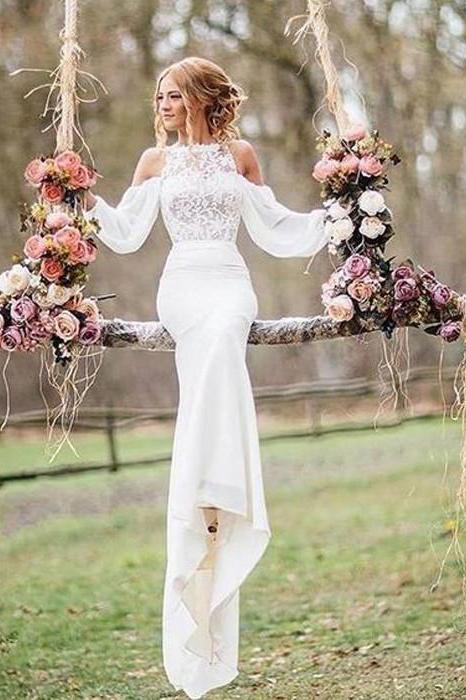 Affordable Unique Design Lace Top Long Sleeves Mermaid Long Wedding Dress JS261