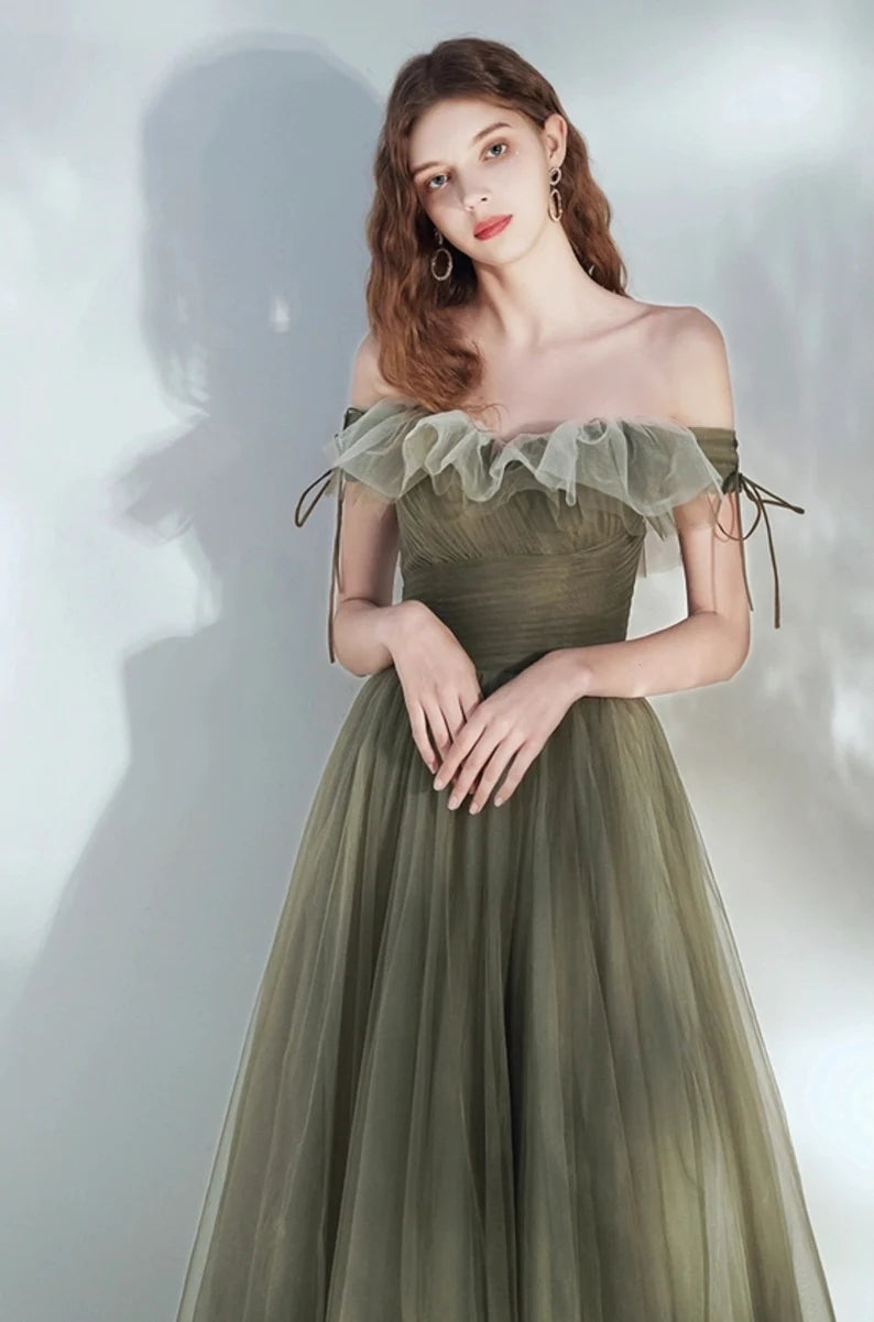 Off the Shoulder A Line Tulle Floor Length Green Elegant Fairy Dresses Prom Dresses