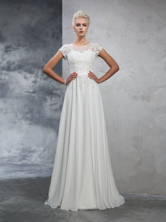 Short Neck Long Sheer A-Line/Princess Applique Sleeves Chiffon Wedding Dresses