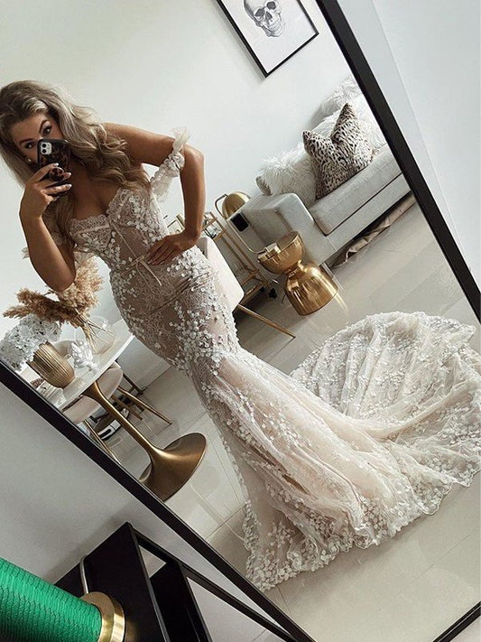 Sweep/Brush Off-the-Shoulder Tulle Sleeveless Trumpet/Mermaid Applique Train Wedding Dresses