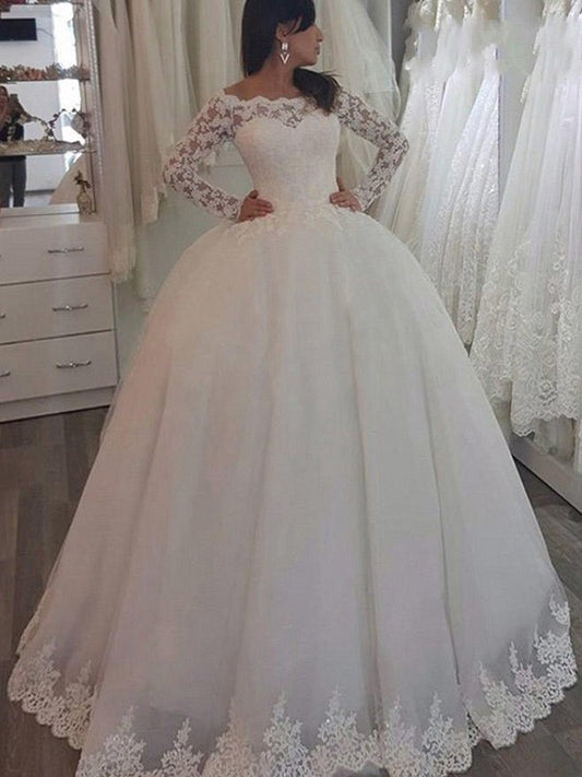 Applique Gown Ball Off-the-Shoulder Long Sleeves Train Sweep/Brush Lace Wedding Dresses