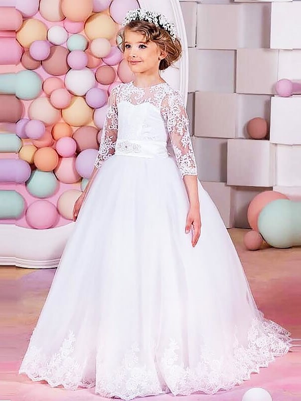 Gown Train 1/2 Lace Jewel Ball Tulle Sweep/Brush Sleeves Flower Girl Dresses