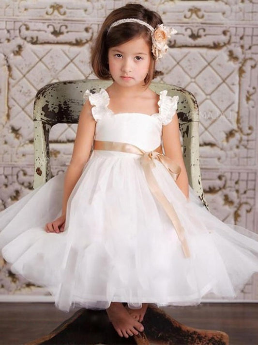 Sleeveless Ankle-Length Tulle Straps A-Line/Princess Sash/Ribbon/Belt Flower Girl Dresses