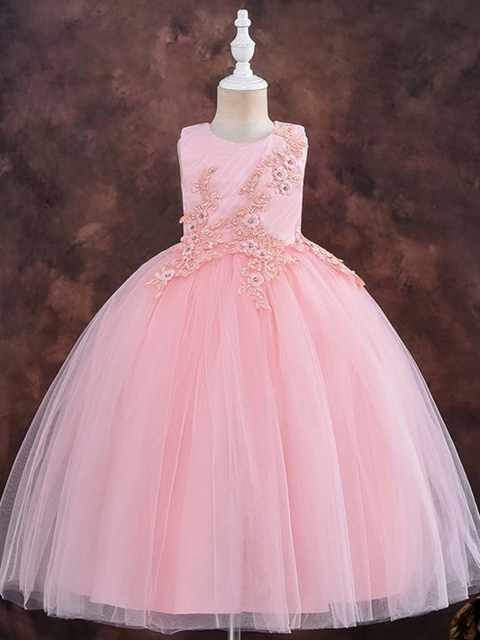 Sleeveless Applique Scoop Tulle Gown Ankle-Length Ball Flower Girl Dresses