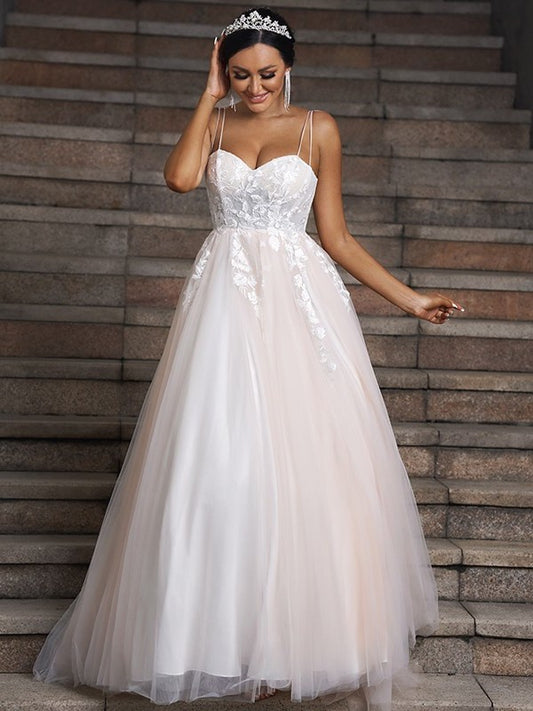 A-Line/Princess Applique Tulle Sweetheart Sleeveless Sweep/Brush Train Wedding Dresses