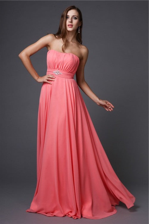 Beading Sleeveless A-Line/Princess Strapless Long Bridesmaid Dresses