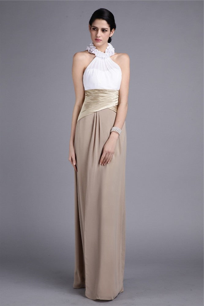 Long Pleats Elastic Sheath/Column Satin Ruffles Sleeveless Neck Woven High Chiffon Bridesmaid Dresses