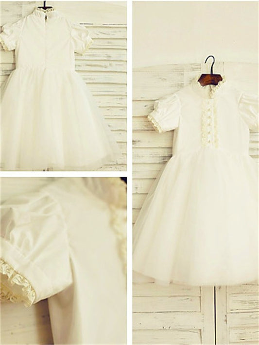 Sleeves Neck Tea-Length Lace Short A-line/Princess High Tulle Flower Girl Dresses