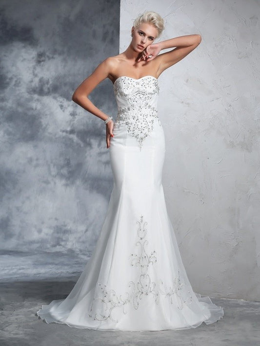 Sleeveless Trumpet/Mermaid Long Sweetheart Beading Satin Wedding Dresses