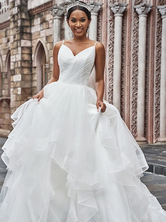 Ruffles Tulle Spaghetti Sweep/Brush Straps Sleeveless A-Line/Princess Train Wedding Dresses