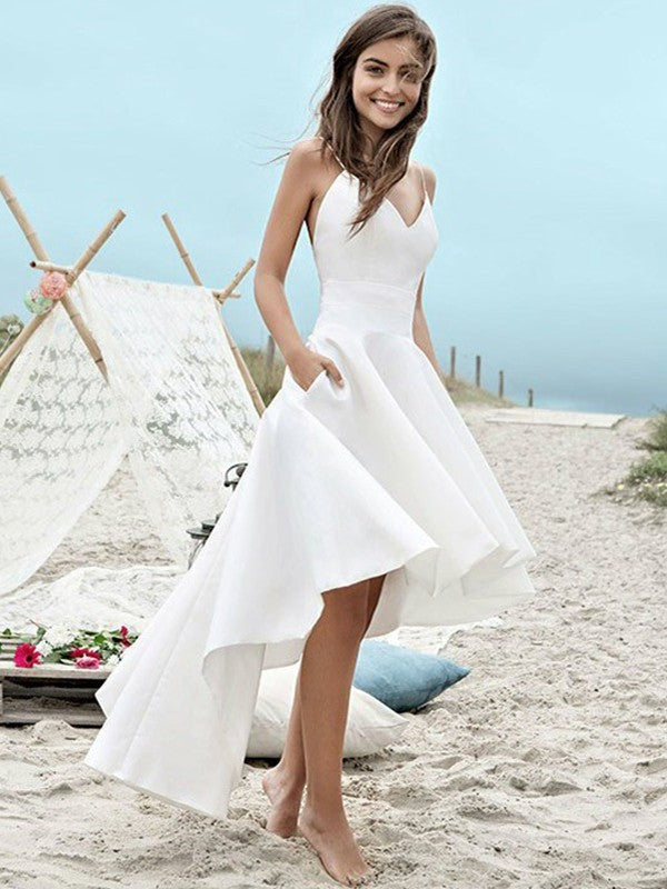 Sleeveless Straps Ruched Spaghetti Satin A-Line/Princess Asymmetrical Wedding Dresses