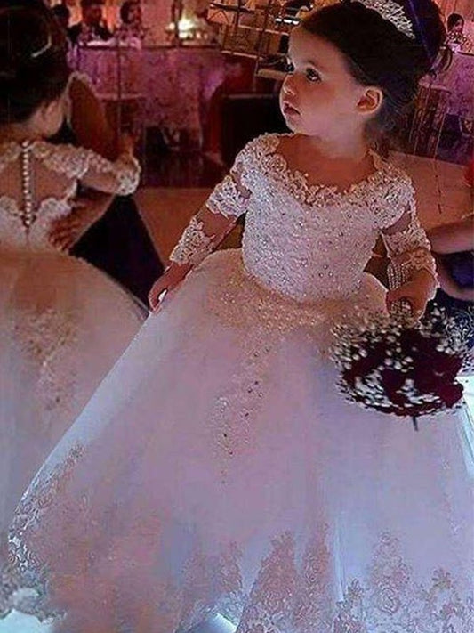 Floor-Length Sleeves Long Applique Gown Tulle Ball Scoop Flower Girl Dresses